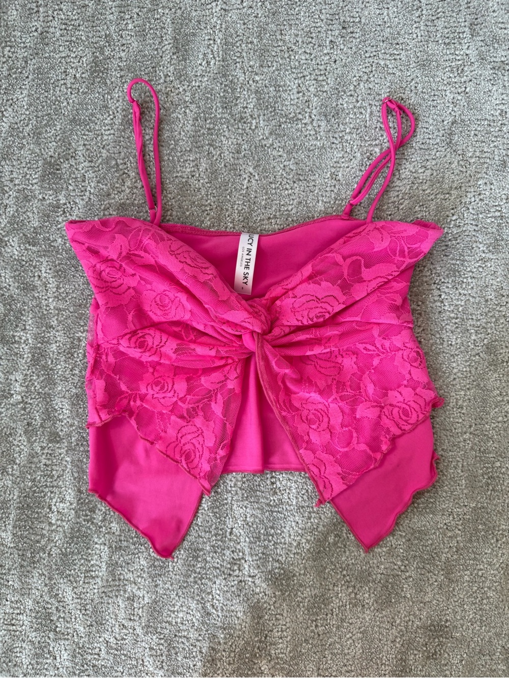 Lucy in the Sky Hot Pink Floral Lace Open Tie Front Crop Top Tank Size Small